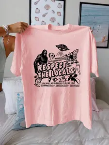 Women's Cartoon Bigfoot & Letter Print Round Neck Tee, Fashion Casual Short Sleeve Crewneck T-shirt for Daily Wear, Ladies Summer Clothes, Womenswear