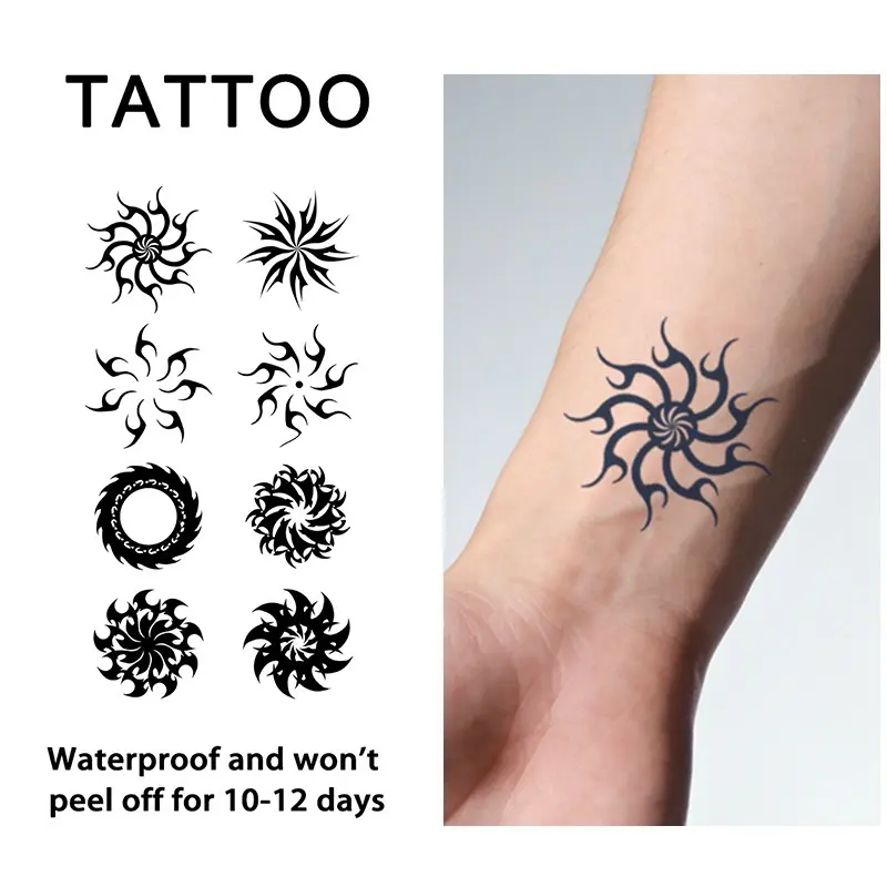 Tribe Style Sun Totem Rotating Flame Temporary Tattoo Sticker, Waterproof Long-Lasting 7-15 Days, Semi-Permanent Herbal Tattoo, Unisex Fake Tattoo