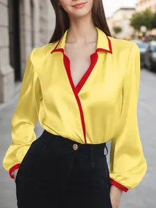 Elegant European Style Commuter, V-Neck Long Sleeve No Button Design, Patchwork Colorblock Satin Fabric, Loose Fit Top Blouse