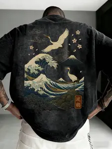 Pure Cotton Washed Japanese Ukiyo-E Large Size T-Shirt, Kanagawa Wave Crane Cherry Blossom Fuji Mountain Print, Street Style Harajuku Casual Heavyweight Short Sleeve