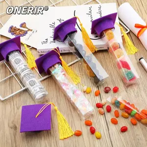 ONERIR 2026 Graduation Candy Tube Favor Set 50 Pcs Clear Candy Containers with 20 Mini Grad Caps Golden Tassel Toppers Graduation Party Guest Souvenir Decorations for Class of 2026