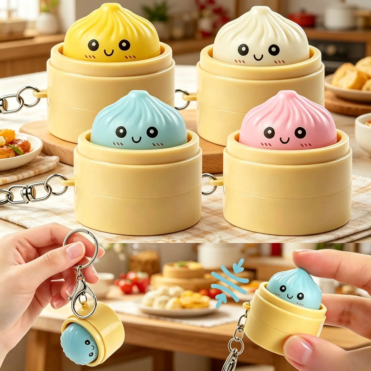 Women's Fun Dumpling Face Snap Keychain Set of Four, Portable Button Bag Charm, Cute Accessory for Adults, Suitable for Handbags, Backpacks, and Car Keys