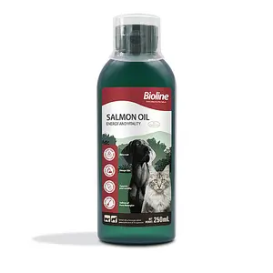 BIOLINE Wild Salmon Oil contains nourishing Omega-3 and Omega-6 fatty acids with Vitamin E. A skin and coat supplement for dogs and cats. Available in 8.5 fl oz bottles.dog products.cat stuff