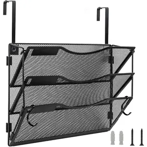 Wall File Organizer 3 Pockets, Mail Organizer, Hanging Folder Holder, Foldable | Hanging or Wall Mounted | Label Panel | 2 Hooks | Office Home School Organizer, Black