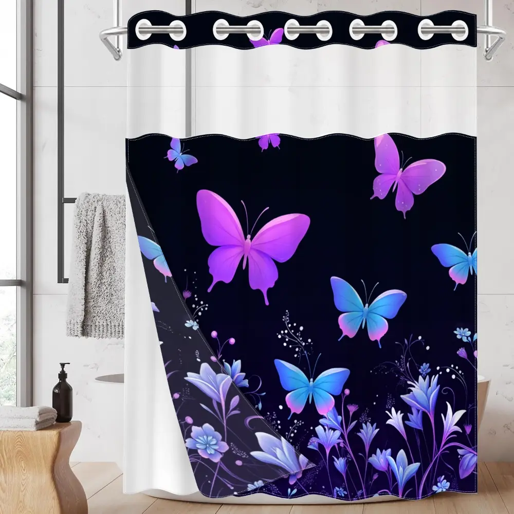 1pc hookless shower curtain, Shower Curtain No Hooks, with buckle lining, spring purple and blue butterfly floral design 2D print, fabric waterproof lining, see-through, 71 x 74 inches, Bathroom Decor