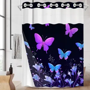 1pc hookless shower curtain with buckle lining, spring purple and blue butterfly floral design 2D flat print, fabric waterproof lining, see-through double shower curtain, 71 x 74 inches, modern home draping curtain Bathroom Curtain
