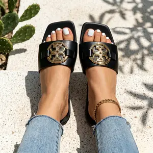 Dimgamo Women's Luxury PU Leather Flat Sandals - Square Toe, Multi-Color, Casual Comfort for Home & Beach, Elegant Summer Slides
