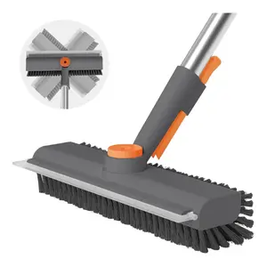Floor Scrub Brush with Long Handle, 3-in-1 Heavy-Duty Stiff Bristle Scrubber for Shower, Bathroom, Pool, Patio, Kitchen, Garage, Wall & Deck Cleaning (Gray, 1 Pack)