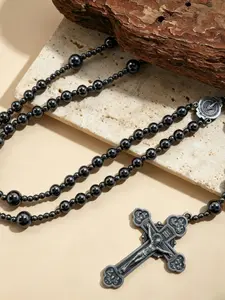Vintage Portrait Cross Pendant Long Sweater Chain, Retro Weathered Triangle Religious Baptism Bead Necklace, Versatile for All Occasions