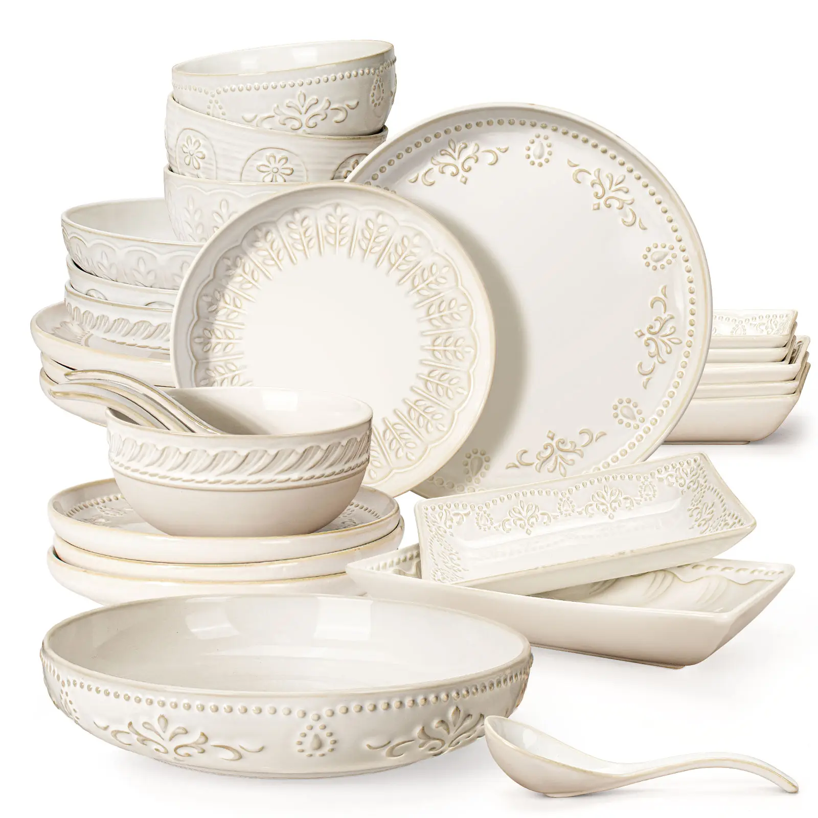 Artena Artisan Textured Ceramic Pasta Bowls Set of 4 - 9.75" Large 50oz Salad & Serving Plates - Microwave Safe Chip-Resistant Dinnerware with Unique