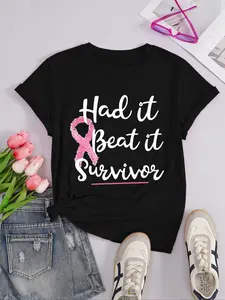 Ribbon Breast Cancer Awareness Fitted T-Shirt, Inspirational Gift for Cancer Survivors, Warrior Graphic Design Womenswear Tee for All Seasons