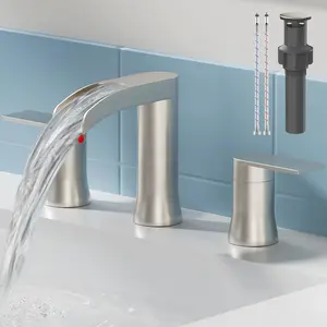 SSREEZNX Waterfall Faucets Brushed Nickel, Sink Faucet 3 Hole, Widespread Sink Faucet with Pop-up Drain and Line for