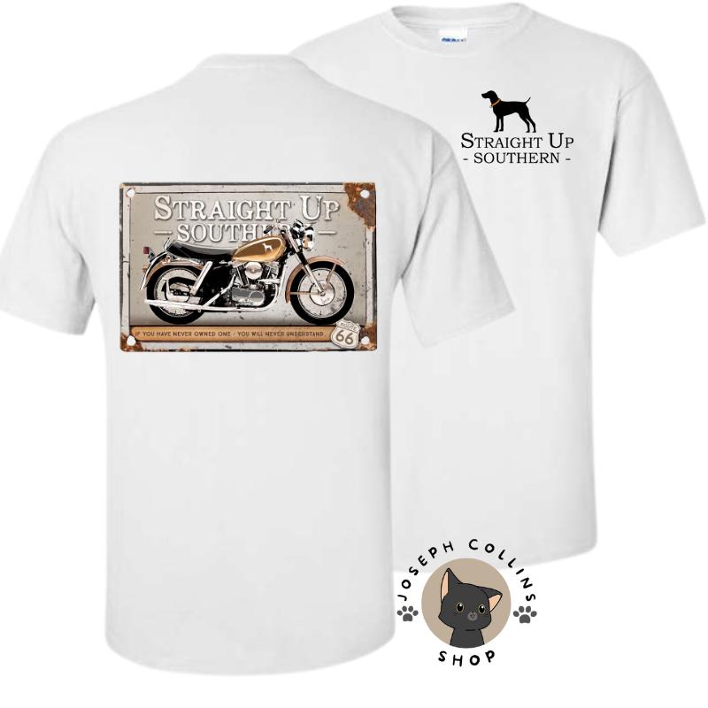 Men’s 100% Cotton Vintage Motorcycle Rustic Print T-Shirt – Crew Neck, Short-Sleeve, Regular Fit, Taped Neck & Taped Edges, Ash Grey, Straight Up Southern Menswear, All Seasons Comfy Knit Top
