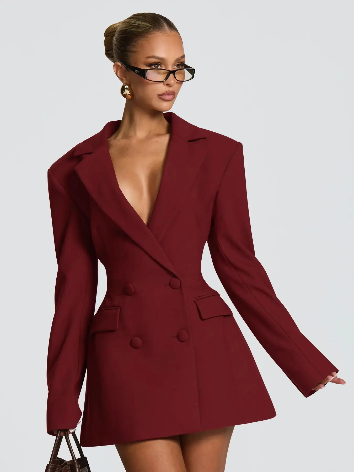 Double-Breasted Waist-Tapered Suit Dress Go To Style, Deep V Neckline Back Belt Slim Fit Formal Chic Workwear for Commuter & Date Women, Comfortable Fit, Comfort Fit, Contemporary Style