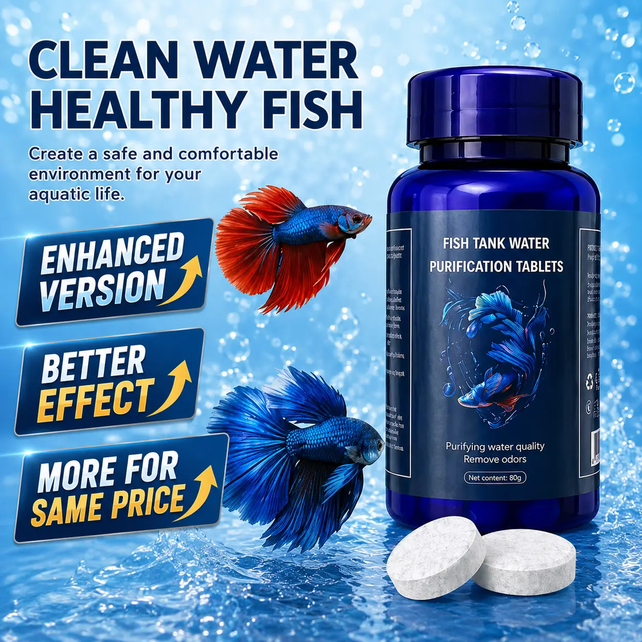 Upgraded Version Fish Tank Water Purification Tablets 80g (approx. 90 pieces)，Crystal Clear Aquarium Cleaner Remove Odor Algae Safe for Fish Plants 80g Multi-Effect Formula