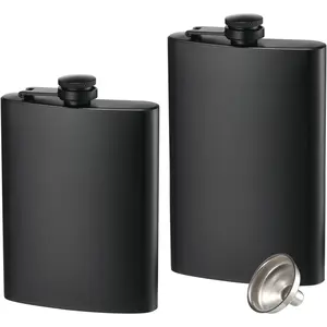 2 Pack Hip Flasks for Liquor, 8 Oz & 12 Oz Stainless Steel Leakproof Thin Flasks with Funnel for Men & Women (Matte Black)