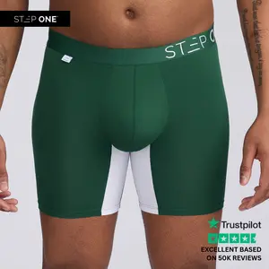 Step One Men's Boxer Brief - Green & White, Anti-Chafe, Breathable Bamboo Fabric, UltraGlyde Panels, Hidden Elastic Pouch, Premium Underwear, Athletic Daily wear
