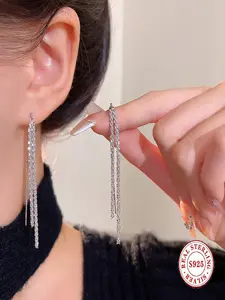 S925 Sterling Silver Starry Tassel Earrings Long Chain Tassel Dangle Earrings for Women Sparkling Shiny Minimalist Elegant Party Jewelry Statement Earrings