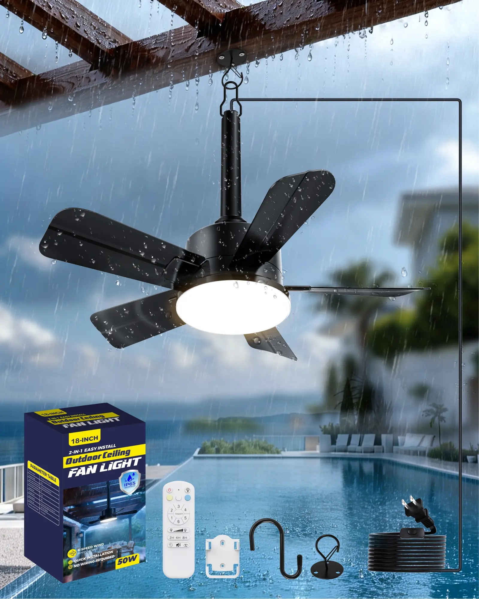 LANMEL 18 Inch Plug-In Outdoor Ceiling Fan with Light and Remote,IP65 Waterproof Hanging Fan Light with Hook,6 Speed,Reversible,3CCT,Dimmable,Portable Gazebo Fan for Patio,Canopy,Porch,Rv (Black)