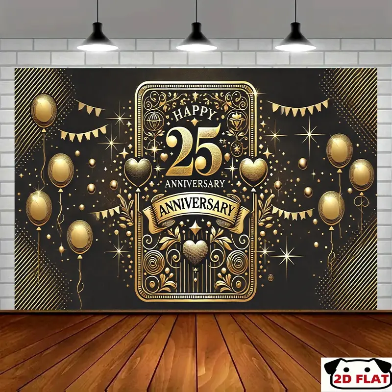 2D Flat Banner 1pc, Elegant 25th Anniversary Party Banner -   Backdrop, Golden Yellow Design, Multipurpose Room Outdoor Celebration Decoration, Durable Studio Yard Party Accessory, Party Decor, Event Banner, Home