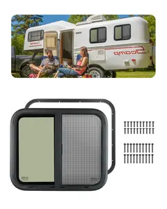 【Summervibes】VEVOR Horizontal RV Window, 24" W x 20" H Tinted Sliding RV Window with Net Screen & Trim Ring, Fit 15/16"-1 3/4" Thickness Wall, RV Window Replacement for Teardrop Cargo Trailer Camper, DOT Approved