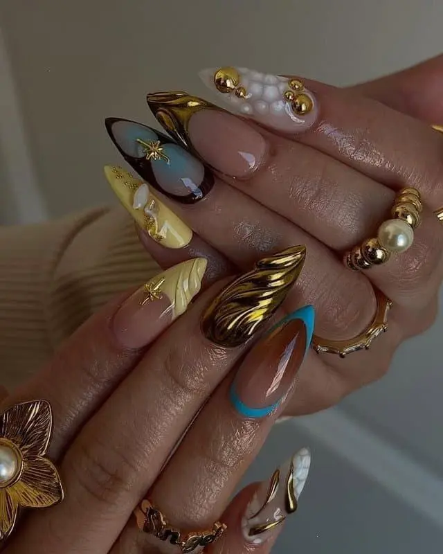 Gold Chrome Press On Nails Stiletto Yellow Brown Abstract 3D Swirl Elegant Fall Fake Nails