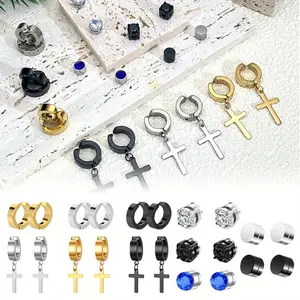 11 Pairs clip on earrings men - 316L Stainless Steel Non Piercing Cross Hoop Dangle Earrings for Men Women,