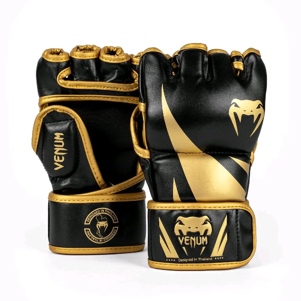 Unisex Challenger Style Durable PU Leather MMA Training Gloves, High-Density Foam Shock-Absorb Wrist Support, Double Closure Finger Protection for Gym Fighting Athletic Training - Black/Gold