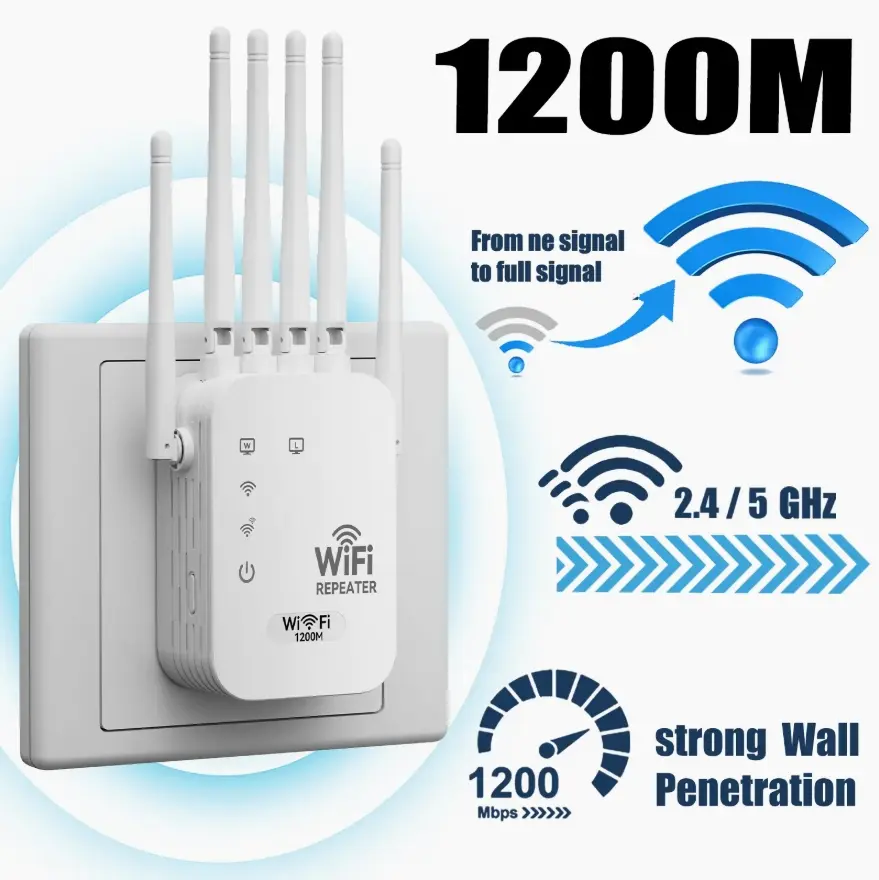 2026 Upgraded Brand-New WiFi Extender Booster - 6-Antenna 1200Mbps Dual Band (2.4GHz) Stable Signal WiFi Repeater with Gigabit Port, AI Connectivity, for Home Studios, Remote Workspaces, Smart Devices, Safe Network Access