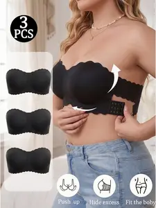 3PCS Plus Size Strapless Bra, Modern Minimalist Design, Side Buckle and Cross Back, Full Coverage, Casual Tube Top for All Seasons