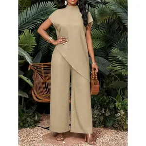 Summer Women's Set Wide Leg Pants Outfit Casual Two Piece Stand Collar Sleeveless Top Asymmetric Design High Waist Business Style