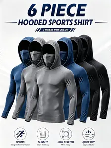 6 Pack Men UPF Sun Protection Compression Hooded Shirts, Quick Dry Breathable Long Sleeve Athletic Tops with Attached Face Mask, Lightweight Cooling Performance Activewear for Fishing Construction Outdoor Work