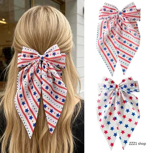 US Independence Day Stars and Stripes Bow Hair Clip — Chiffon Long-Streamer French Barrette — Festive Hair Accessory