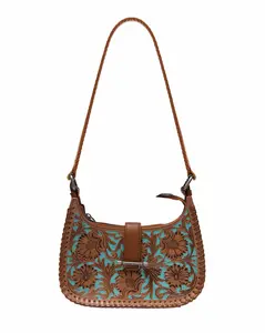 Women's Medium Loyal West Dannia Shoulder Bag - Whiskey & Water Color, Artisan Design, Handtooled Calfskin Leather, Zip Closure, for Everyday Use