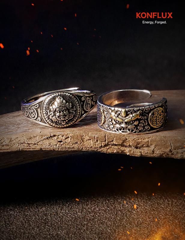 KONFLUX Pi Xiu Huang Caishen Ring Set Wealth Gods Duo Chinese Mythology Jewelry Gift Set For Men Business