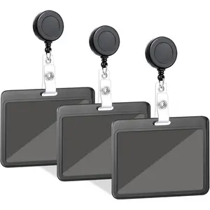 3 Set Badge Holder with Retractable Reel, ID Badge Holders with Retractable Clip for Office Family Nurse Teacher Student (Black Hard Horizontal)
