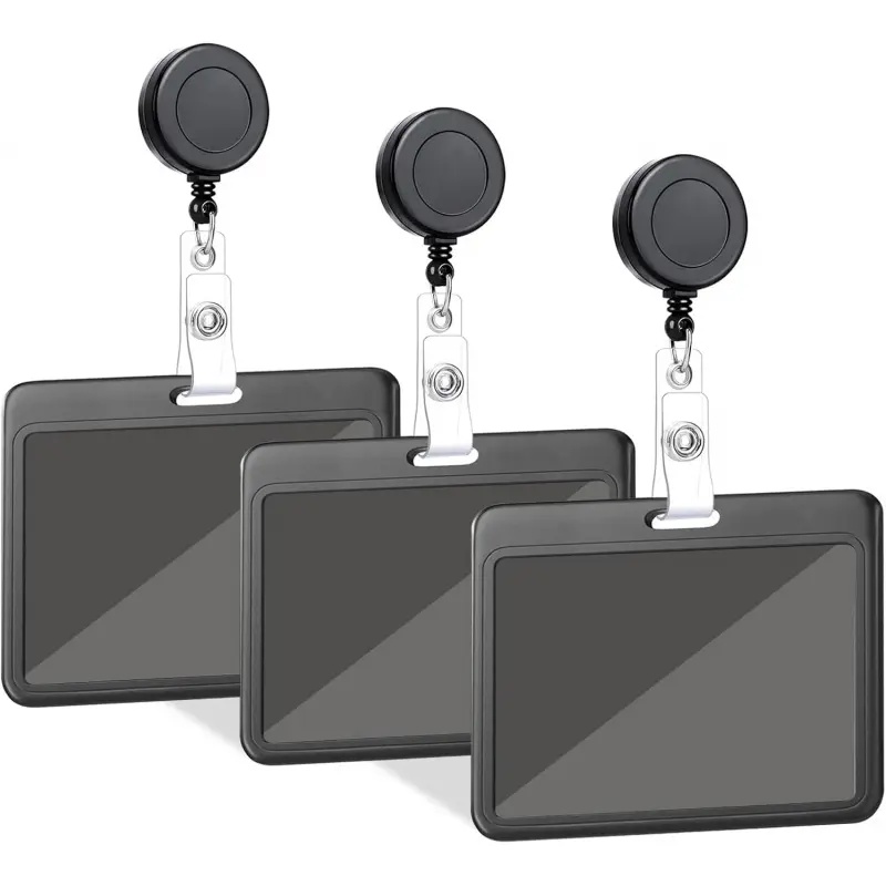 3 Set Badge Holder with Retractable Reel, ID Badge Holders with Retractable Clip for Office Supplies Family Nurse Teacher Student Nursing Badge Reel, Medical Badge Reel (Black Hard Horizontal)