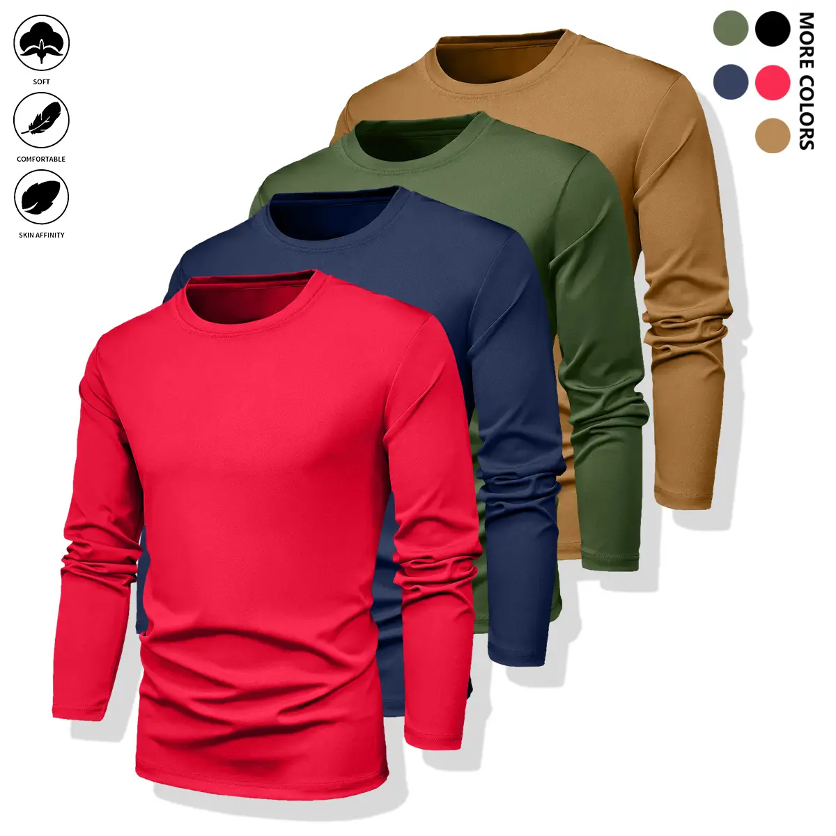 Men's 4-Piece Fitted Solid Color Long-Sleeve T-Shirts - Breathable Polyester Athletic Casual Gym Workout Tops, Athletic Sports Clothing