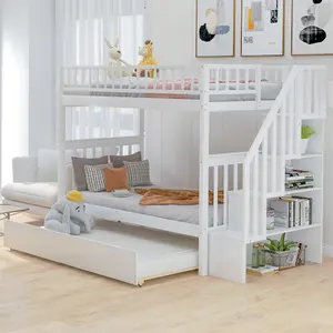 Twin Over Twin Bunk Bed with Stairs and Twin Size Trundle, Solid Wood Stairway Bunk Bed Frame with Storage, Can be Split into 3 Separate beds, for Teens Adults
