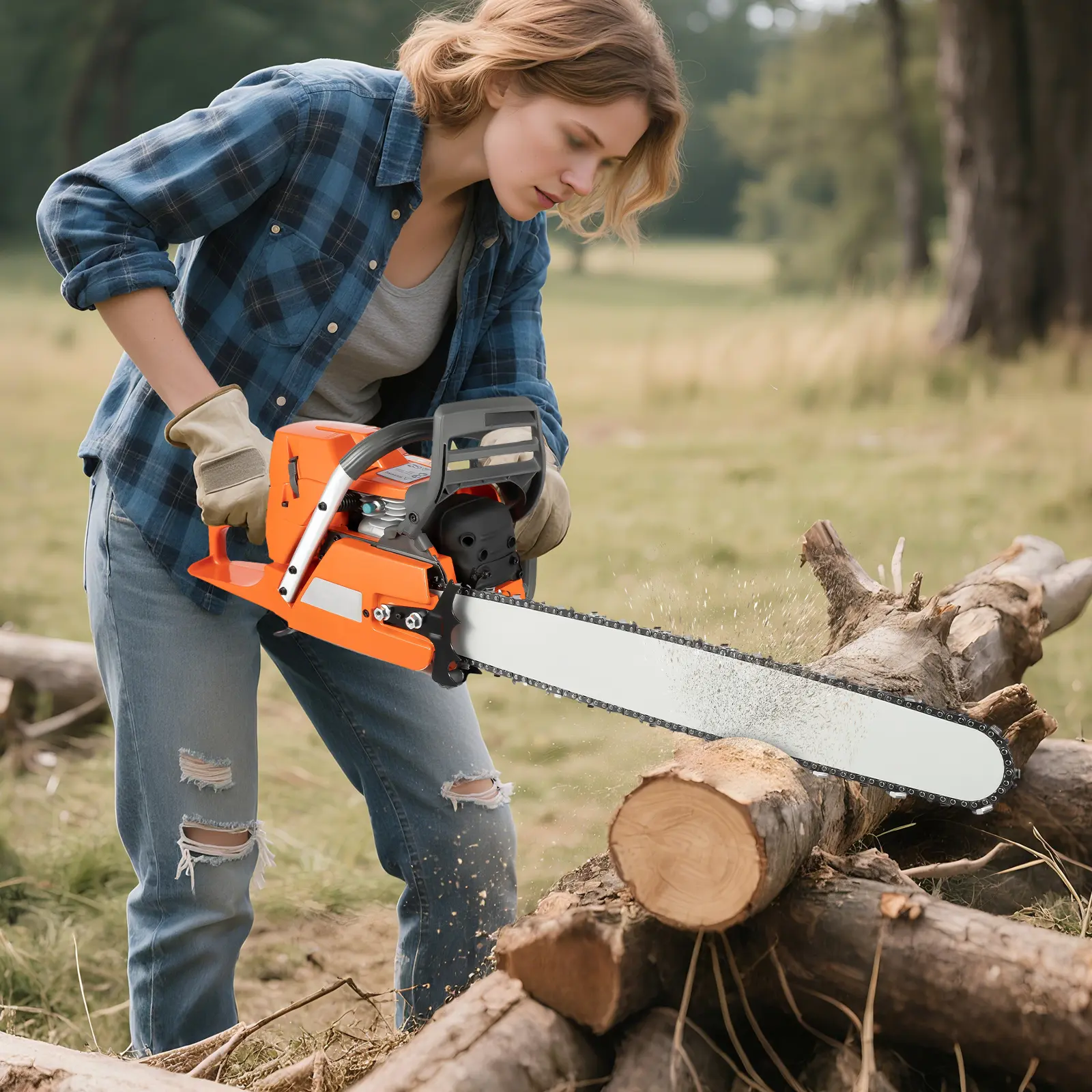 Orange Gas Chainsaw 71.8CC 3.9KW 24in Bar 2-Stroke Quick Start Safety Brake Lightweight for Wood Logging Tree Trimming Garden Yard Outdoor Use
