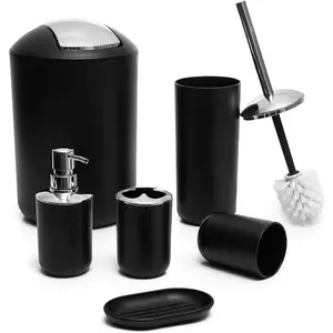 Moss & Stone 6-Piece Bathroom Accessories Set – Black Plastic Bathroom Set with Soap Dispenser, Toothbrush Holder, Cup & Soap Dish – Modern Countertop Bathroom Decor