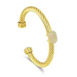 Aprilery Twisted Golden Zircon Octagonal Cuff Jewelry – Shiny Gemstone Accent Bracelet