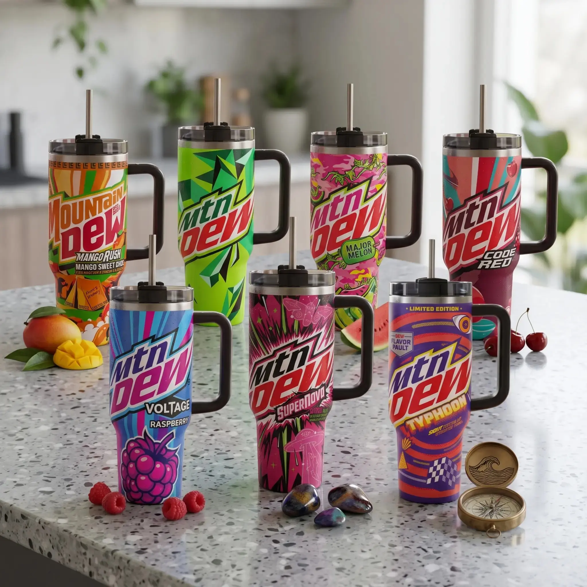Mtn Dew 40oz 30oz 20oz Tumbler with Handle, Colorful Soda Flavor Graphic Stainless Steel Vacuum Insulated Travel Mug with Straw Lid, Keeps Drinks Cold & Hot