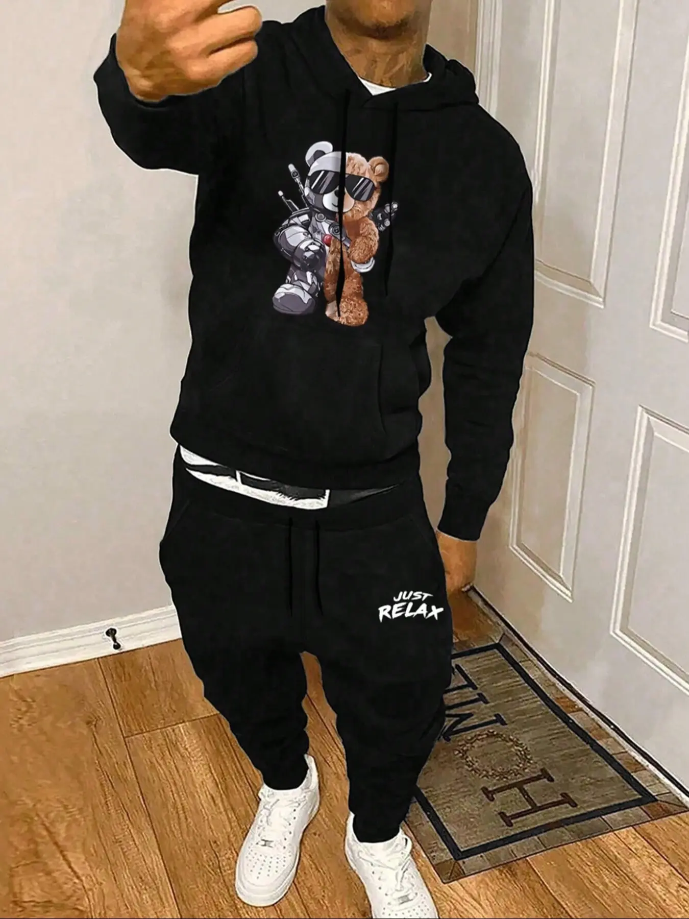 Men's Casual Hooded Sweatshirt Set, Bear Print Drawstring Fleece Pullover & Jogger Pants, Winter Fashion Comfortable Athleisure