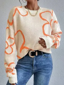 Women's Floral Print Drop Shoulder Sweater Without Necklace, Fashionable Round Neck Long Sleeve Jumper for Fall & Winter, Fashion Ladies' Knit Clothing for Daily Wear Knitwear Womenswear Pullover