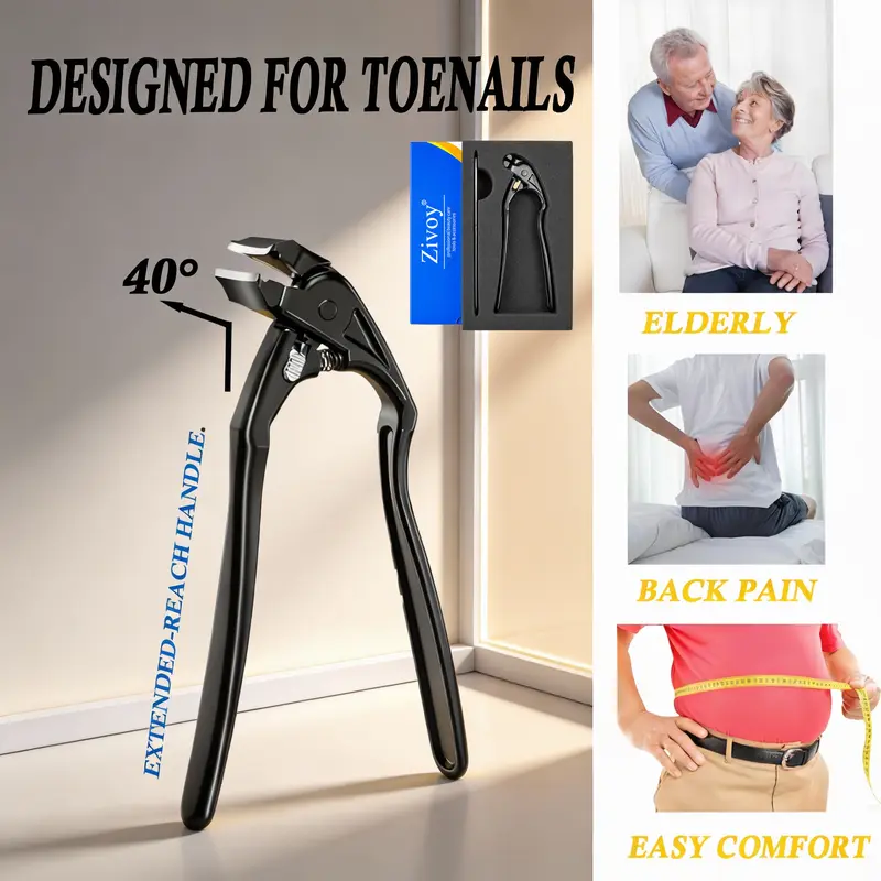 Zivoy Ergonomic Long-Handle & Curved Clippers Set for Waist Comfort Seniors Includes Lockable Nail Clipper & Cuticle Nipper Unisex Easy Trimming Gift for Parents