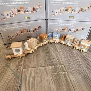 Wooden European Style Puzzle Train Digital Building Blocks Cognitive Matching Tractor Toy