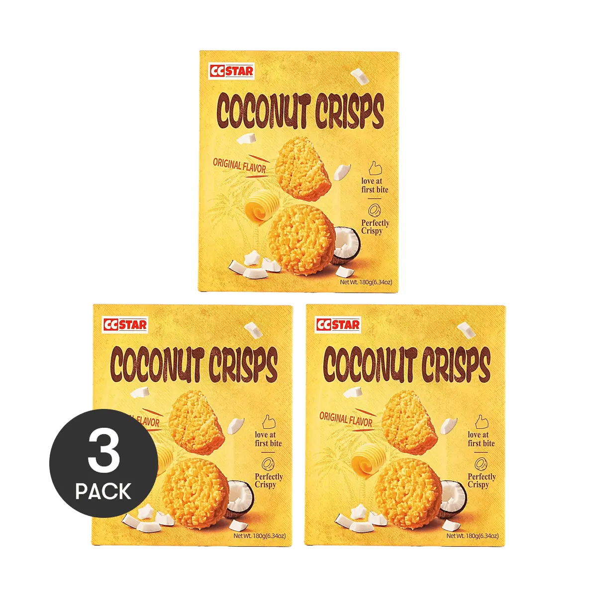 CC STAR Coconut Crisps Original Flavor - 3 Pack (180g Each) - Crispy & Delicious Snack