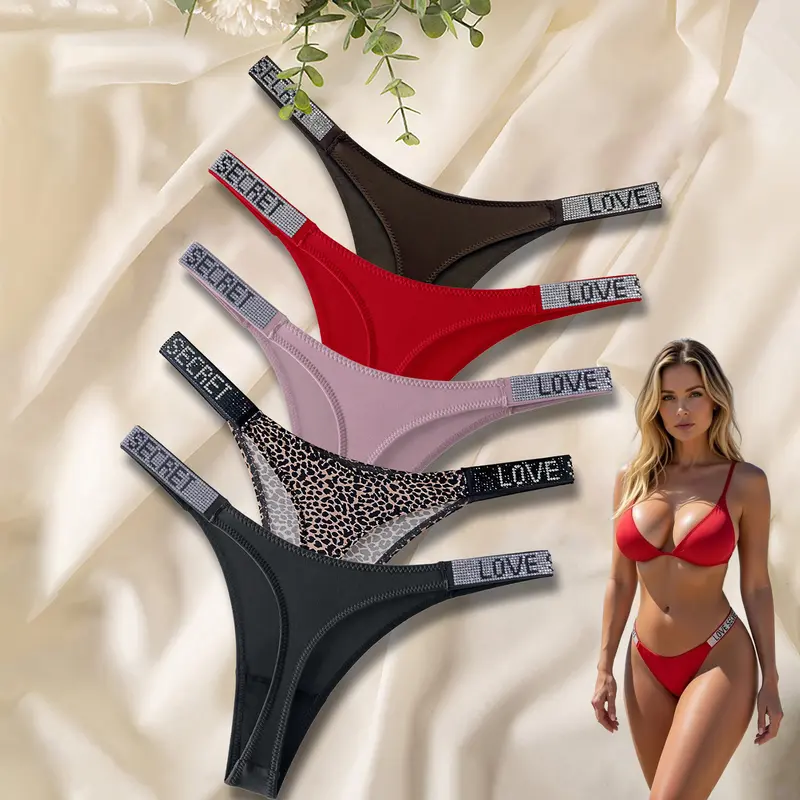 5pcs Women's Underwear Sexy Rhindiamonds Thongs Fitness Exercise Hip Lift Low Waist High Slit Fashion T Pants Comfortable Breathable panties with Rhinestone Waistbands