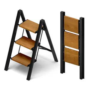 Modern style 3-section folding ladder, made of aluminum with rust-proof property, widened anti-slip platform, safe load capacity of 150kg, can be used as a bookshelf, flower stand or storage rack, fashionable and practical.